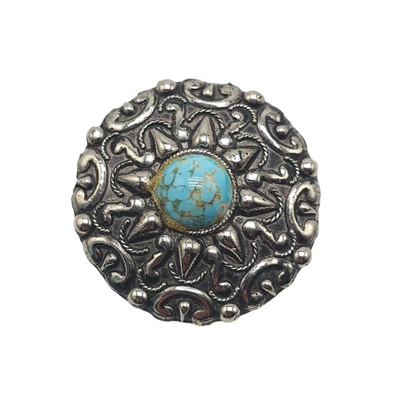 Vintage Silver Tone Medallion Brooch With Faux Turquoise Glass Cabochon - Picture 1 of 4